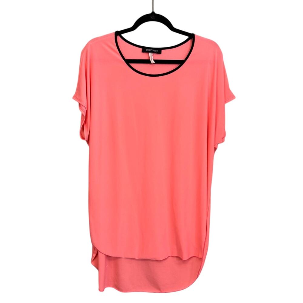 Ashley Blue Top Womens 2X Pink Scoop Neck Short‎ Sleeve Hi-Low Hem Blouse